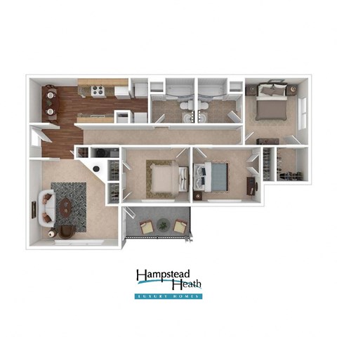 Floor plan for 3 beds, 2 baths, 1250 sqft